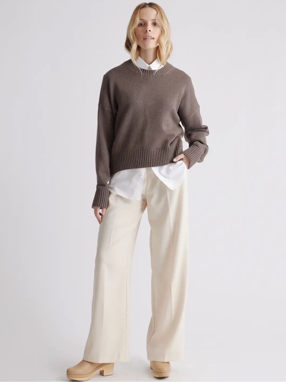 Quince 100% Organic Cotton Boyfriend Crew Sweater in Heather Brown Size Small